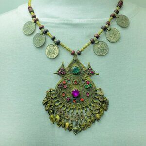 Vintage Coins Pendant Necklace, Metal And Wooden Beaded Chain Necklace